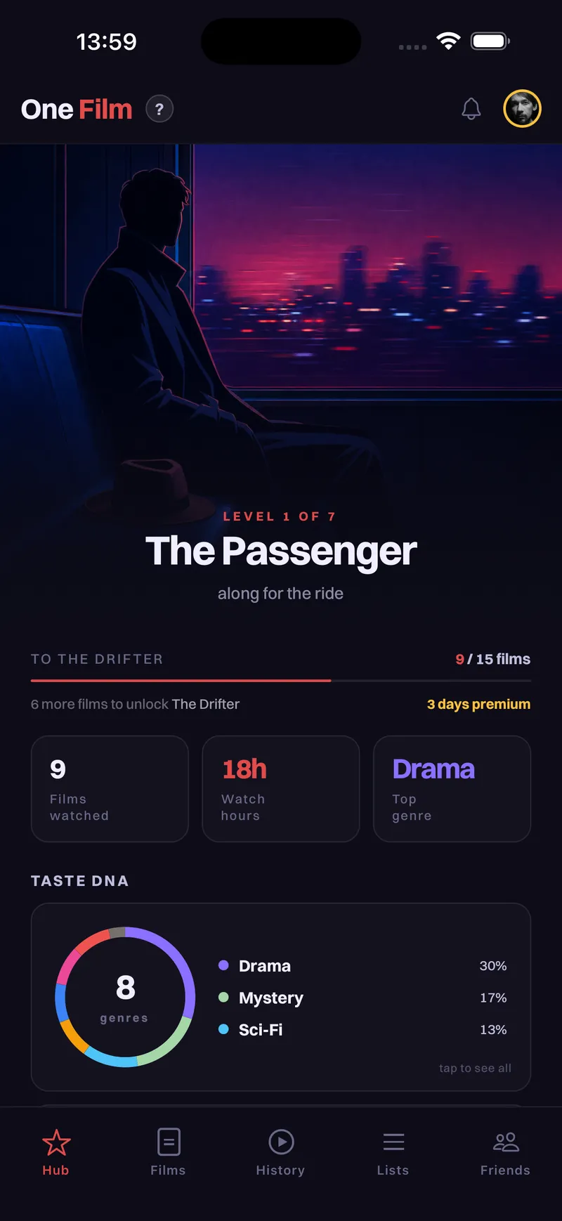 One Film — Hub screen showing The Passenger archetype with taste DNA