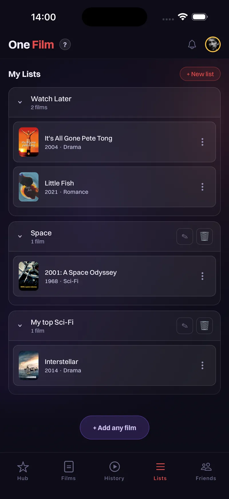 One Film lists screen with Watch Later and custom collections