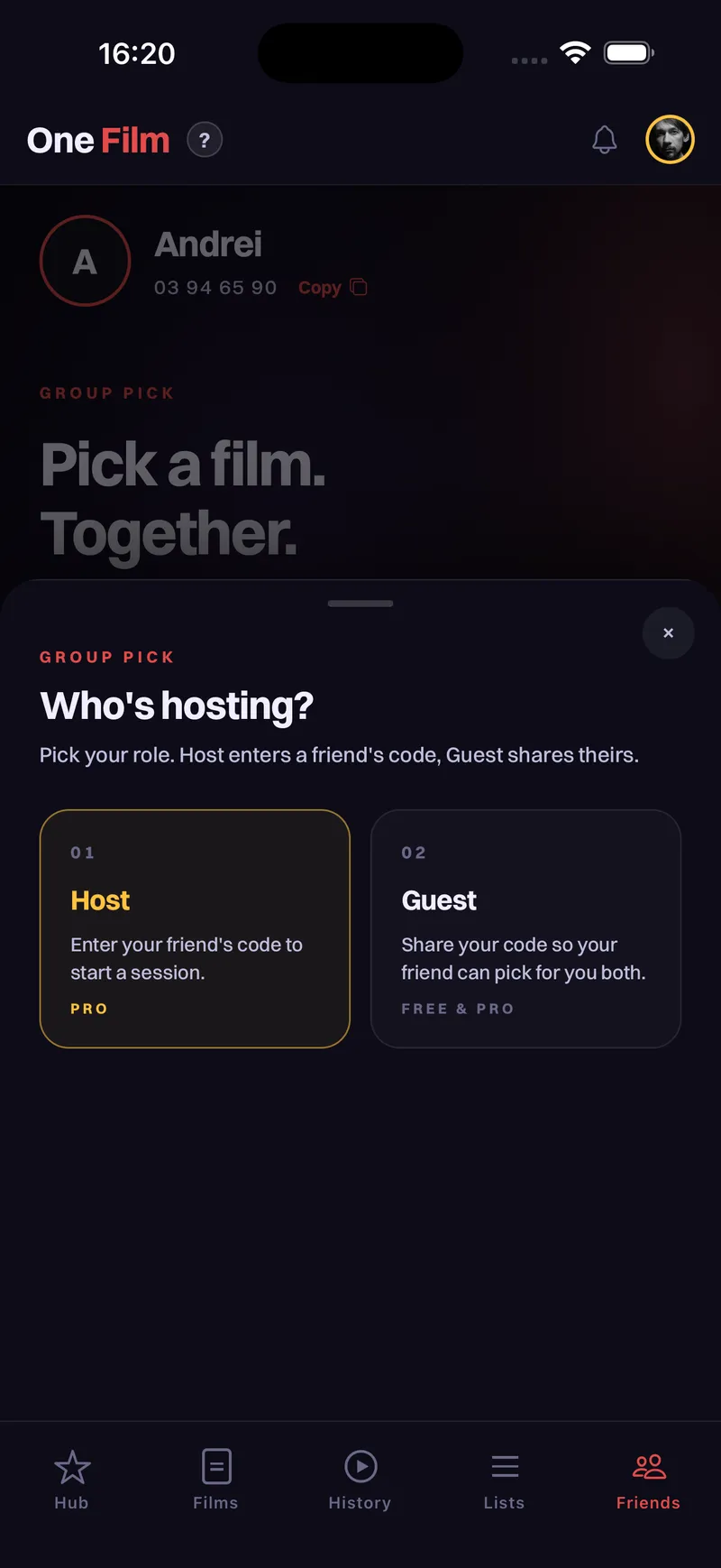 One Film Group Pick screen — Pick a film. Together.