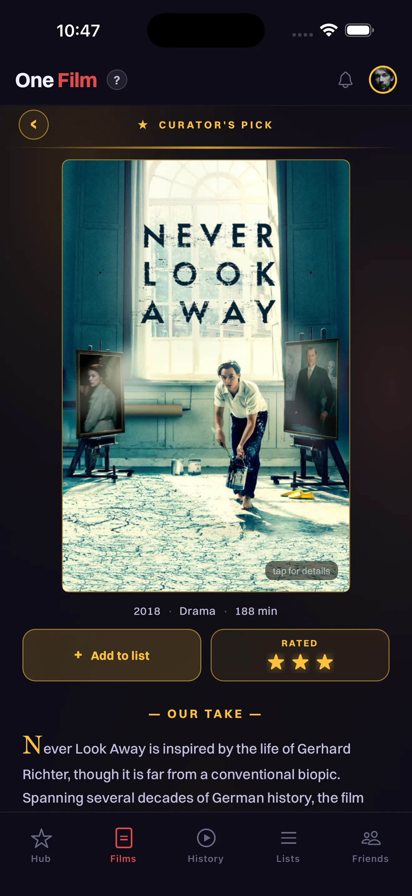 One Film Curator's Pick screen — Never Look Away