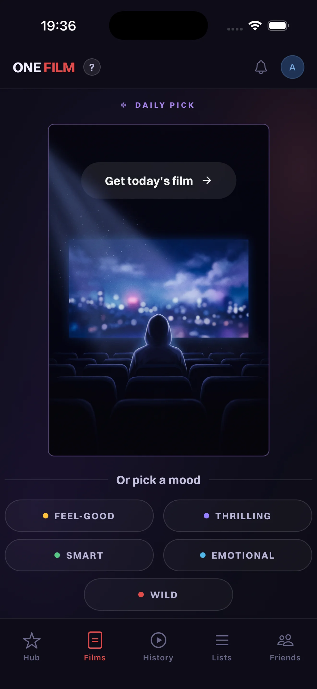 One Film home screen with mood picker: Feel-Good, Thrilling, Smart, Emotional, Wild